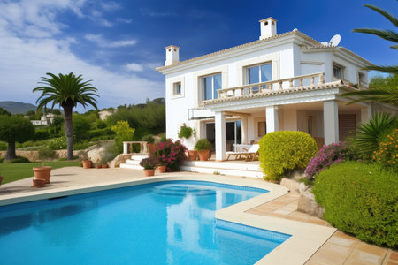 mediteranean house exterior with garden and swimming pool, created with generative aiの素材