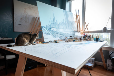 cat sits on drafting table, sketching out the design for a futuristic skyscraper, created with generative aiの素材