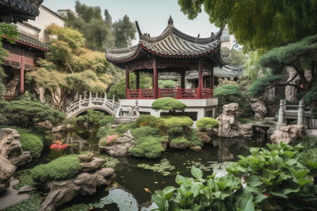 peaceful china pagoda garden with blooming lotus flowers and babbling brook, created with generative aiの素材