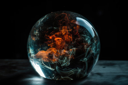 close-up of crystal ball, with smoke and fire rising from within, created with generative aiの素材