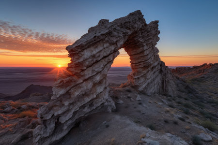 a natural rock formation with a view of the sunset, created with generative aiの素材