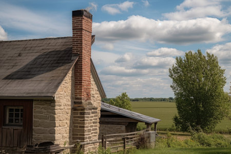chimney on the roof of farmhouse with view of pasture, horses and cow, created with generative aiの素材