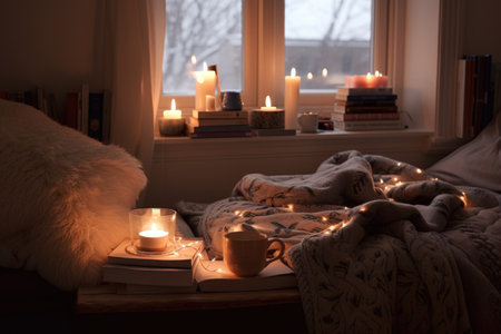 cozy reading nook with fluffy blanket, hot cup of tea, and good book, created with generative aiの素材