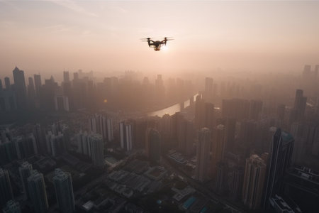 drone flies over busy metropolis, with aerial views of skyscrapers and bustling streets, created with generative aiの素材