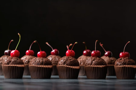 line of chocolate cupcakes with sprinkles and cherry on each one, created with generative aiの素材