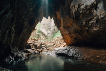 cave with a stream of water flowing through it, surrounded by majestic mountain peaks, created with generative aiの素材
