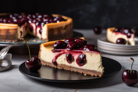 classic cheesecake with swirl of cherry pie filling, created with generative aiの素材