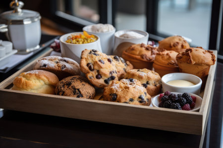 dessert tray with scones, muffins, and pastries, created with generative aiの素材