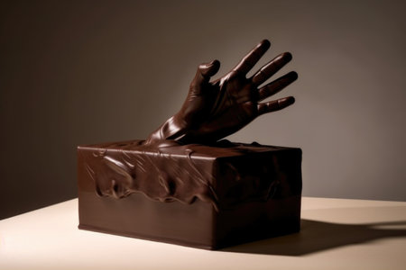 a chocolate hand, reaching out from a box, created with generative aiの素材