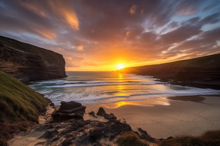 dramatic sunset, with the sun setting over a cliff-side beach, created with generative aiの素材
