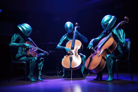 a trio of alien musicians playing their instruments in harmony at a concert hall, created with generative aiの素材