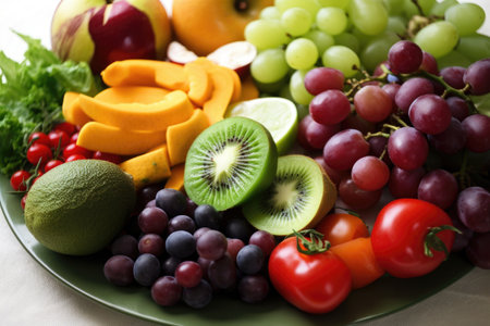 plate of fresh fruits and vegetables, perfect for a healthy immune system, created with generative aiの素材