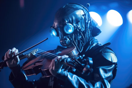 close-up of alien musician playing futuristic, otherworldly instrument during riveting performance, created with generative aiの素材