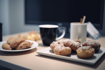 coffee break ritual in office, with mug of hot coffee and box of pastries, created with generative aiの素材