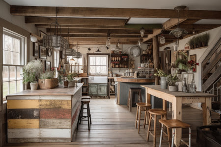 trendy living room decorated with upcycled items, including vintage suitcases, crates and bottles, created with generative aiの素材