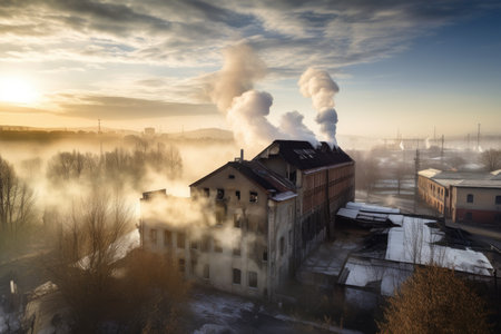 factory, with visible smoke and steam rising from the chimneys, polluting the air, created with generative aiの素材