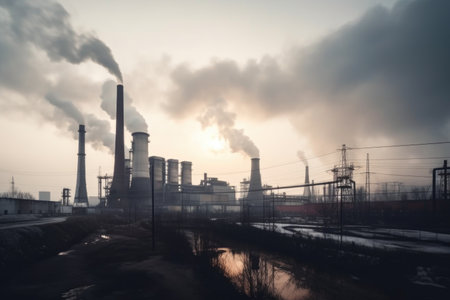 heavy smokestacks releasing pollution into the air in industrial park, created with generative aiの素材