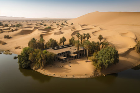 oasis surrounded by towering sand dunes in the desert, created with generative aiの素材