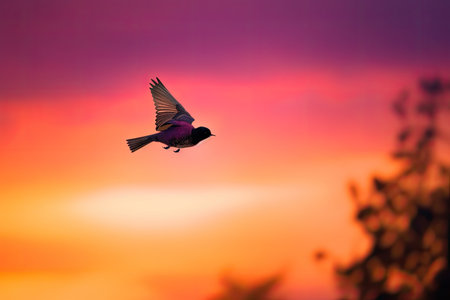 redstart bird flying past pink and purple sunset sky, created with generative aiの素材