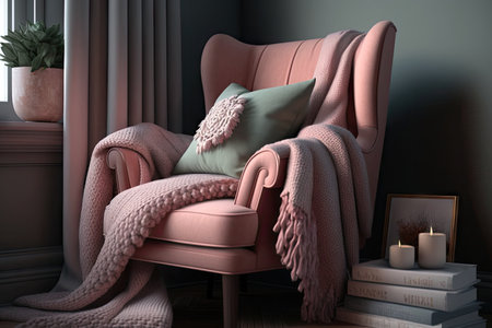 pink armchair with throw pillow and blanket for cozy reading nook, created with generative aiの素材