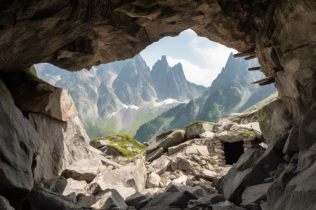cave with broken walls and debris from rockfall, surrounded by towering peaks, created with generative aiの素材