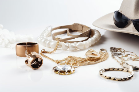 trendy accessories and jewelry on an empty white background, created with generative aiの素材