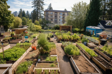 view of community garden, with a variety of plants and vegetables growing, created with generative aiの素材