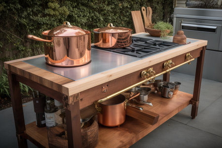 custom-built cooking station with gas burners, copper pots and pans, and wooden board, created with generative aiの素材