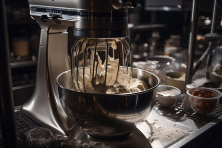 close-up of commercial mixer, with ingredients being mixed together, created with generative aiの素材