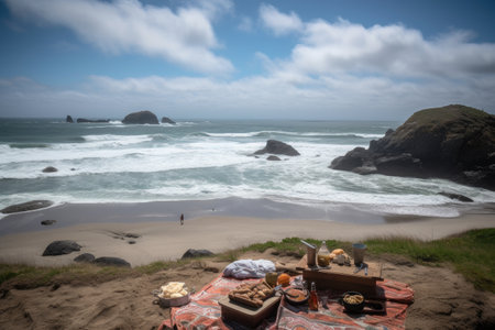 picnic at the beach with view of waves rolling in, created with generative aiの素材