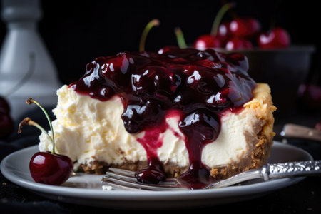 cheesecake smothered in gooey cherry pie filling, created with generative aiの素材