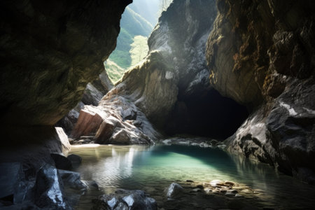 cave with a stream of water flowing through it, surrounded by majestic mountain peaks, created with generative aiの素材
