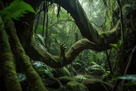 close-up of aliens hand, gripping tree branch, in lush rainforest, created with generative aiの素材