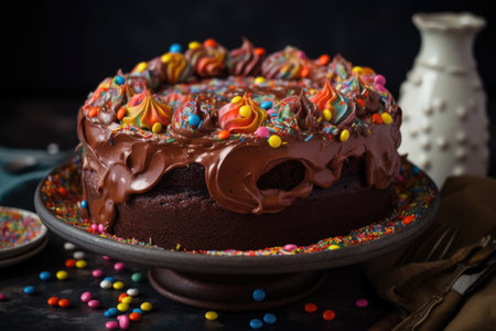 chocolate cake with layer of frosting, decorated with swirls and colorful sprinkles, created with generative aiの素材
