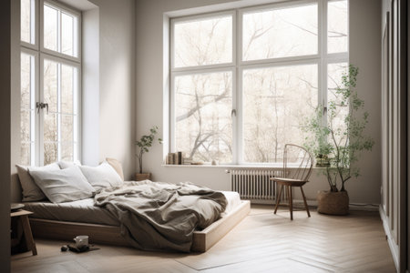minimalist room with large window, natural light, and peaceful ambience, created with generative aiの素材