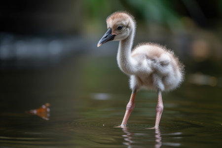 baby flamingo standing on one leg in a pond, created with generative aiの素材