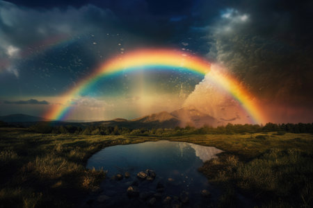 abstract and surreal landscape with rolling clouds, rainbows, and shooting stars, created with generative aiの素材