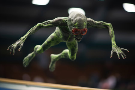 alien athlete flying through the air, performing acrobatic stunt during track and field competition, created with generative aiの素材