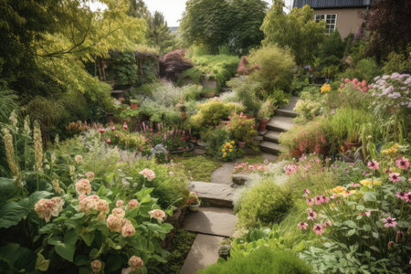 a garden with a variety of greenery and flowering plants, created with generative aiの素材