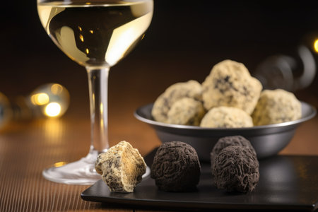 classic truffle and glass of sparkling wine, created with generative aiの素材