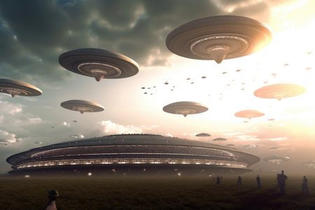 ufo fleet hovering above planet, with their occupants taking part in sporting events, created with generative aiの素材