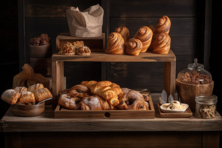 a rustic wooden display stand filled with various pastries and croissants, including cinnamon rolls, danish, and cannolis, created with generative aiの素材