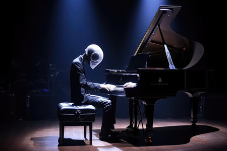 alien musician playing trancelike melody on grand piano in concert hall, created with generative aiの素材