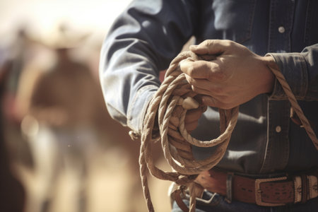 rodeo champion, holding the rope and wearing the hat in competition, created with generative aiの素材