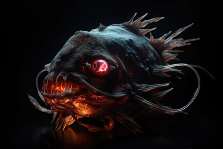 deep-sea anglerfish, with bioluminescent lure and glowing red eyes, searching for prey, created with generative aiの素材