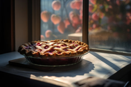cherry pie on windowsill, with the sunlight shining through, created with generative aiの素材