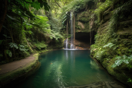 majestic waterfall cascading into tranquil pool, surrounded by lush greenery, created with generative aiの素材