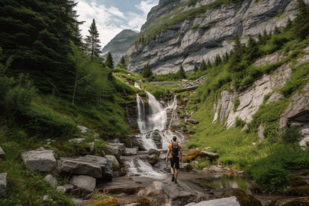 hiking through a trail of cascading waterfalls, with mountains in the background, created with generative aiの素材