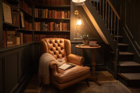 a cozy reading nook with warm lighting, a comfy chair, and a stack of books, created with generative aiの素材