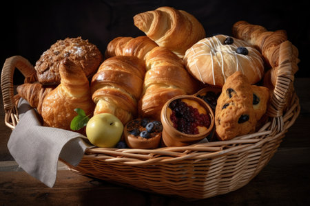basket filled with flaky pastries and turnovers in a variety of flavors, created with generative aiの素材